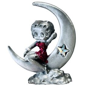 Betty Boop Pewter Moon Figurine Silver Crescent Glitter Dress Comstock Sparkle